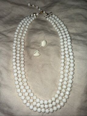 White Three Strand Beads with Earrings